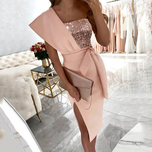 Women One Shoulder Slit Bodycon Dress Summer Elegnat Sashe