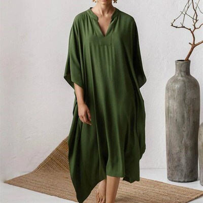 Swimsuit Cover Up Women Kaftan Beach Tunic Solid V Neck Eleg