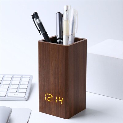 Pen Holder Wooden Clock Creative Voice-Activated Electronic