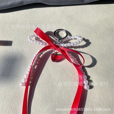 Sweet Cool Korean Red Ribbon Imitation Pearl Bow Tie Strawbe