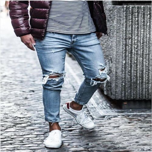 Denim Hole Mens Pants Slim-fit Slimming Sretch Trousers Men