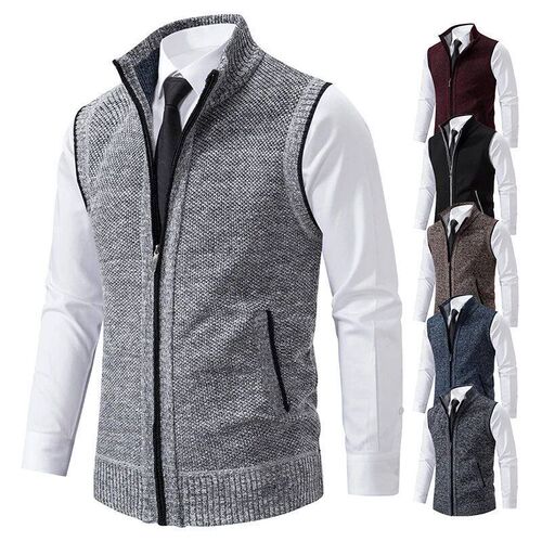 Vest Mens Knitted Sleeveless Sweater Wool Velvet Zipper Car
