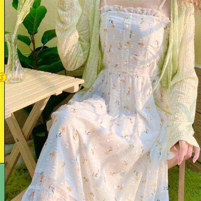 Gent Sty Floral White Sling Dress Summer Waist Long Dress Fi