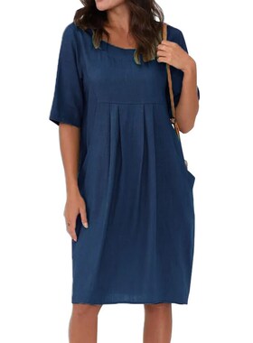 Oversized S-XL Women Cotton Linen Loose Pocket Dress Summer