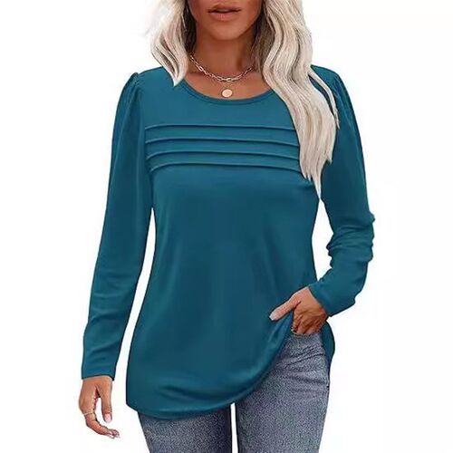 2025 Womens Round Neck Long Sleeve Tuck Line Pleated Top