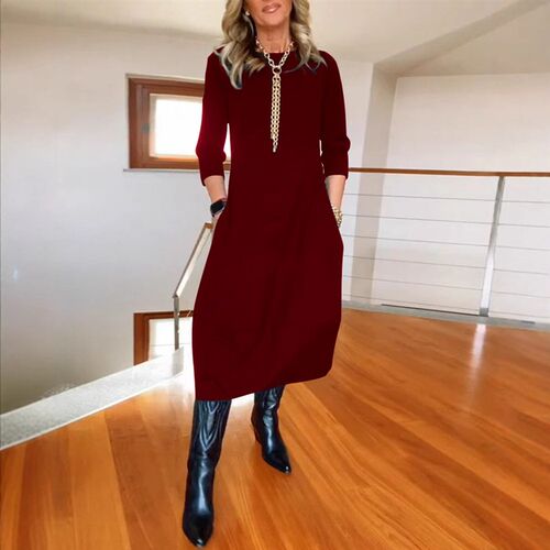 2025 Versatile Solid lor Loose Round Neck Long Sleeve Dress
