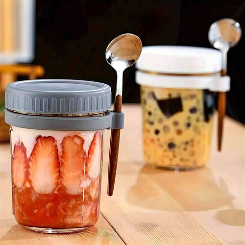 1pc Reusable Glass Oats Containers with Lid and Spoon-Large