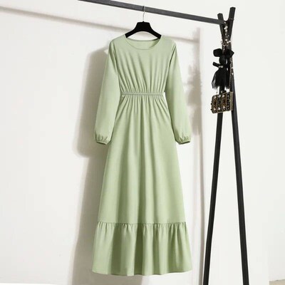 Spring Autumn Mujer Vestidos Solid Full Sleeve O-neck