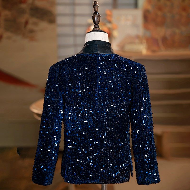 男童亮片西服套装花童小主持人礼服钢琴演出儿童走秀模特蓝色西装