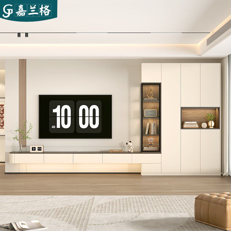 圆弧悬空电视柜客厅家用收纳储物柜一体靠墙酒柜背景墙柜子9D117