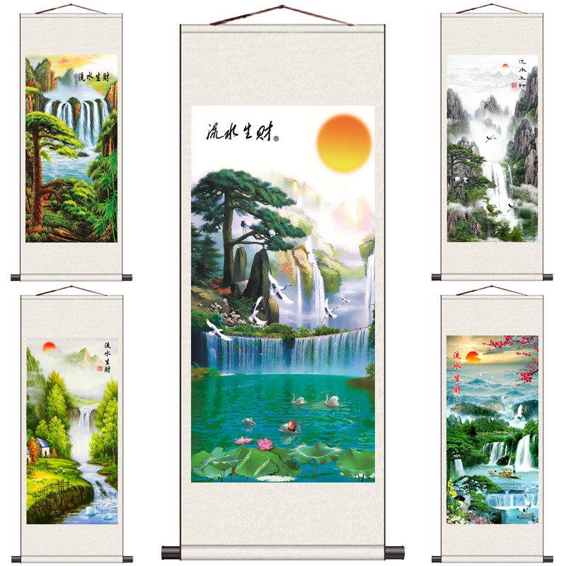 流水生财山水画卷轴装饰画新中式挂轴仿古画靠山图迎客松丝绸画,家居饰品,国画,淘宝优惠券,粉丝福利购,淘宝优惠卷