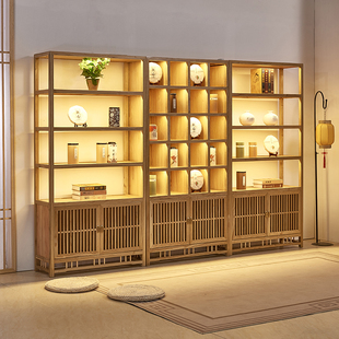 新中式榆木紫砂壶茶叶展示柜实木带灯茶庄茶室多宝阁置物架多层架