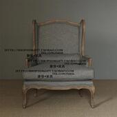 出口法国法式 实木橡木布艺单人位沙发椅老虎椅高背椅家具 乡村风格