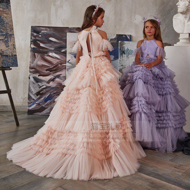 洋气女童高端礼服欧美儿童钢琴紫色演出服女孩主持花童公主裙生日