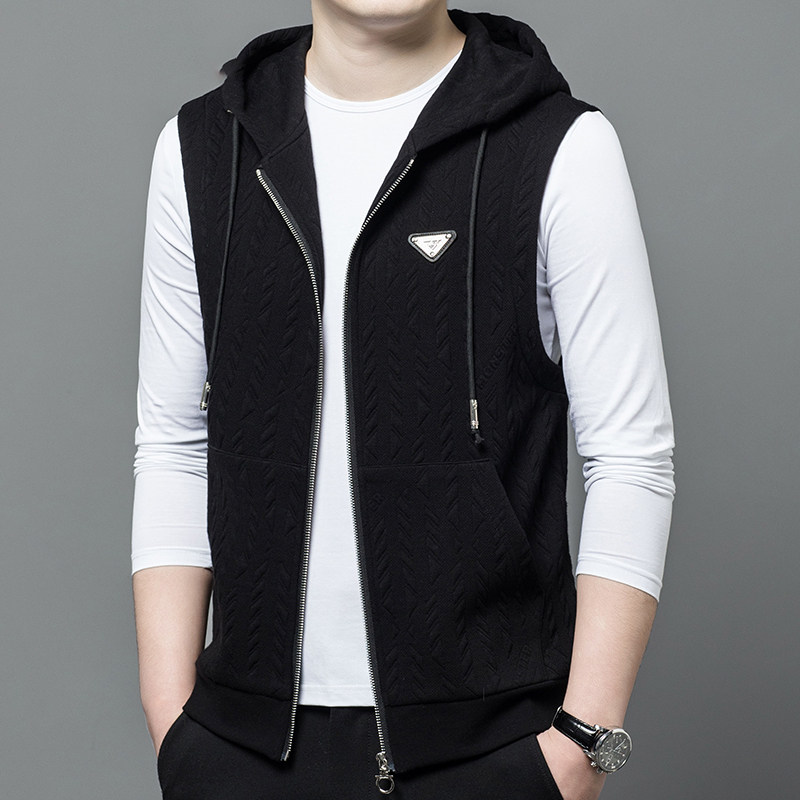 中年男士连帽背心背心春秋季薄款无袖卫衣中青年外套宽松休闲上衣