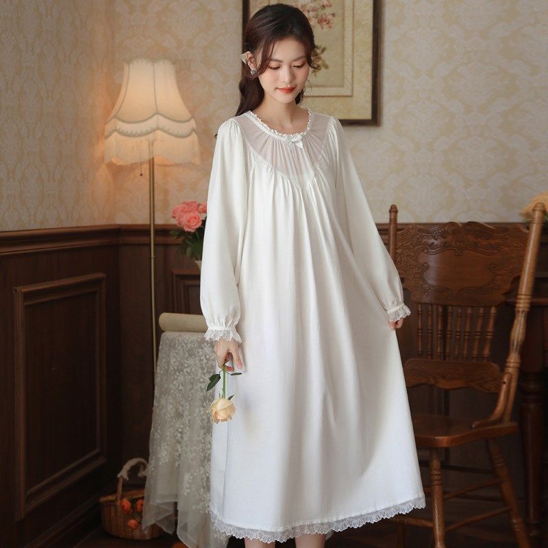 法式蕾丝白色女士少女睡衣女长裙女款睡裙长袖睡袍长款纯棉家居服