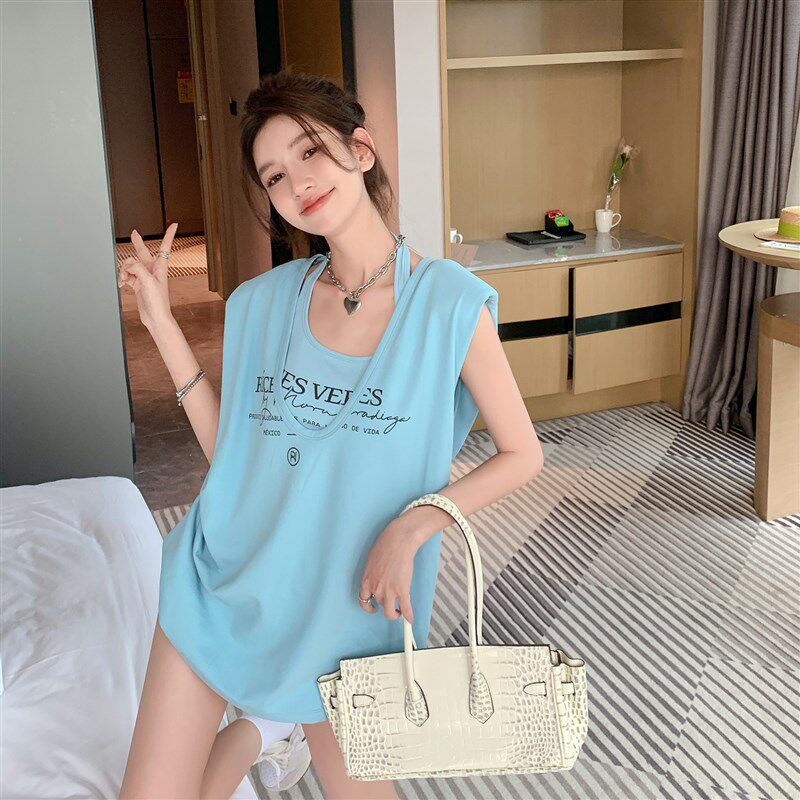 甜酷蓝色垫肩T恤宽松女夏2024无袖设计感挂脖背心上衣吊带两件套