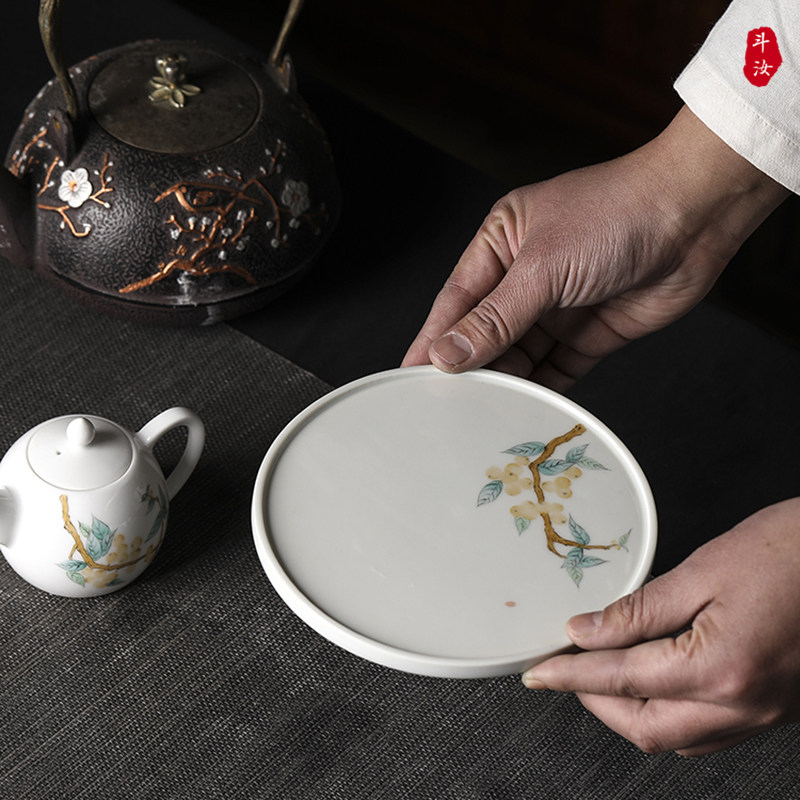 手绘高端景德镇高白瓷功夫茶具圆形干泡托盘陶瓷茶盘家用中式壶承