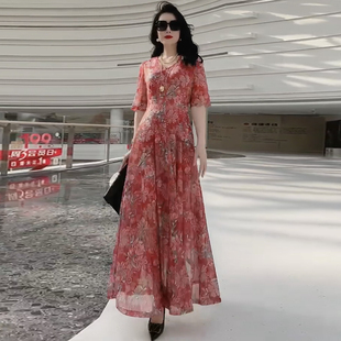 中年妈妈夏装弹力连衣裙洋气40-50岁中老年大码女装夏天碎花裙子