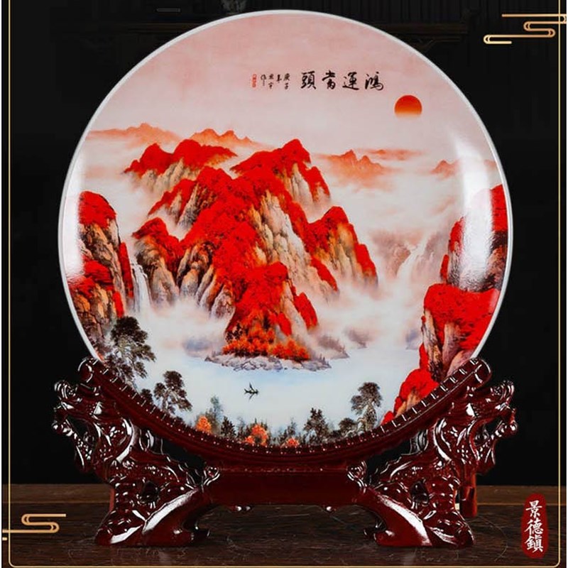 景德镇官窑烧制鸿运当头三件套陶瓷装饰客厅家居粉彩摆件盘花瓶
