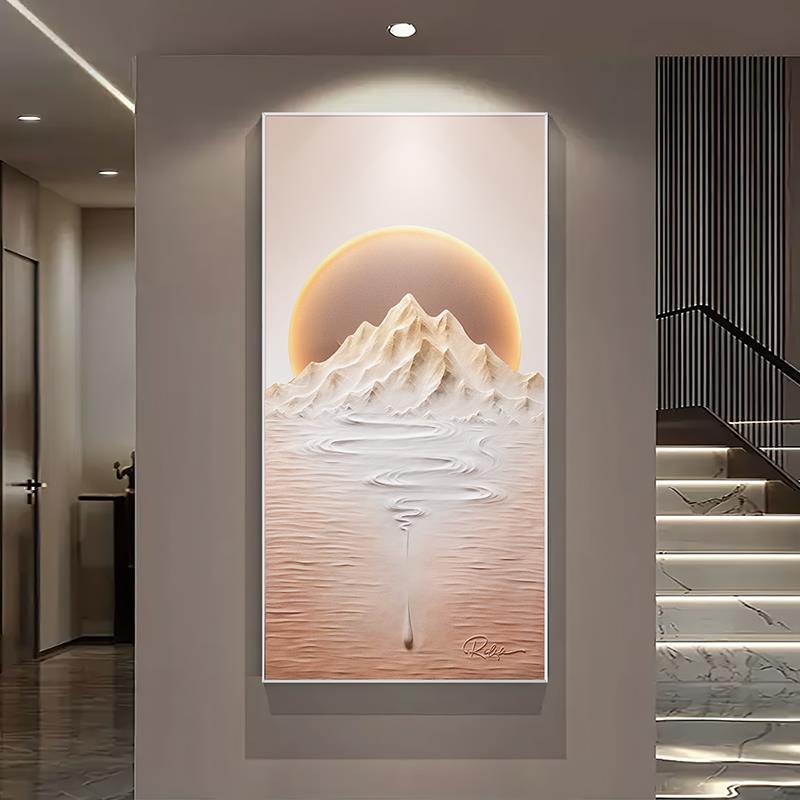 中式轻奢3d立体浮雕画新款玄关装饰画入户开门正对墙灯光画