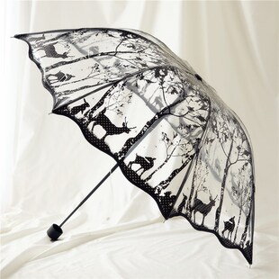 沛欣雨伞 新款波浪边复古清新透明伞PVC三折叠伞拱形蝴蝶玫瑰女伞