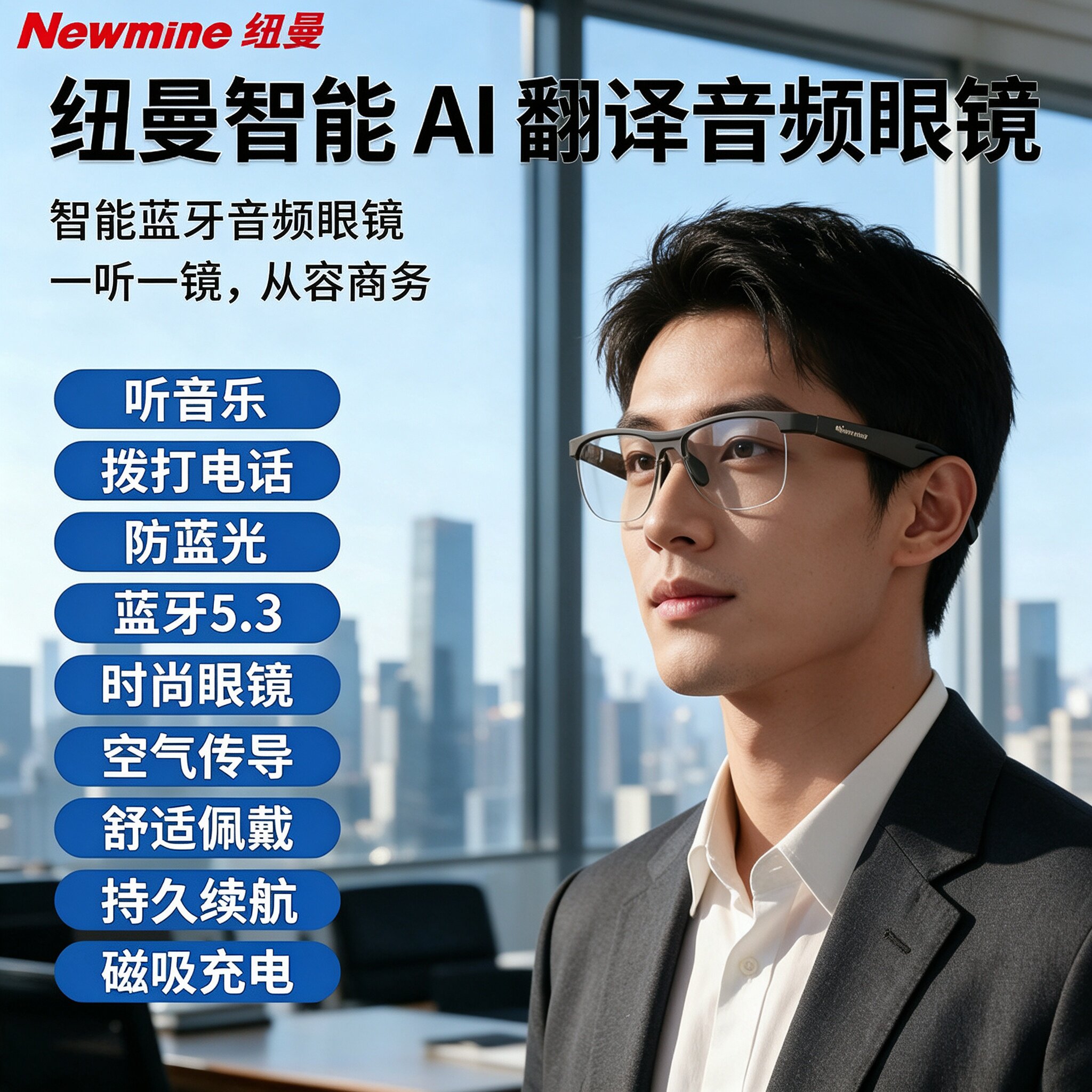 纽曼智能蓝牙眼镜通话听歌音频通话智能AI翻译眼镜户外运动骑行多功能太阳镜