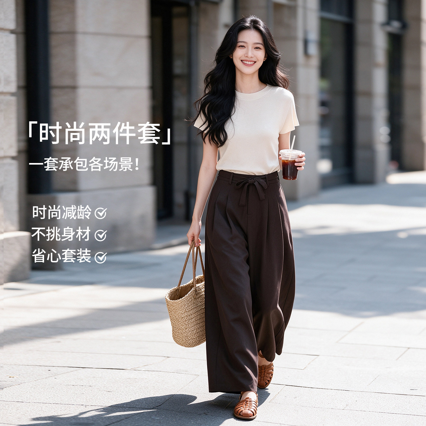 新品2026年秋季时尚套装长裙毛针织衫女装棉麻短袖大摆阔腿裤套装