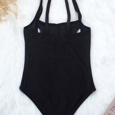 Ruched Swimwear Women One Piece Retro Black Swimsuit Strappy