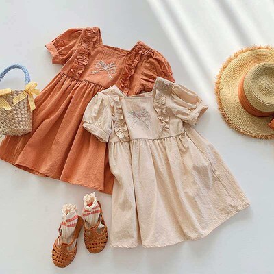 Childrens Wear Square Collar Bow Embroidered Girls Dress S