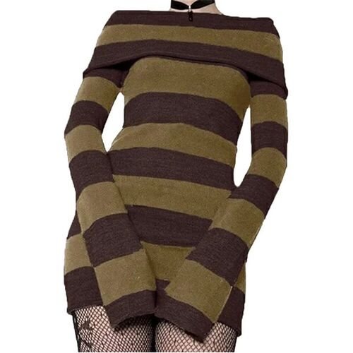 Women Autumn Dress Striped Boat-Neck Long Sleeve Bodycon Sho