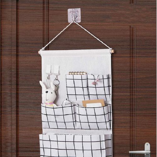 5 Pockets Cotton Linen Fabric Wall Door Hanging Bag Organize
