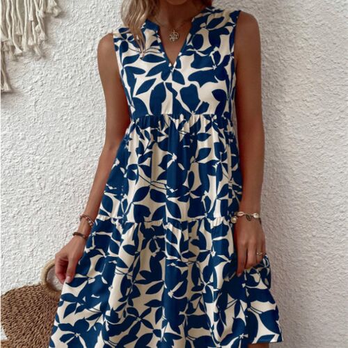 Women V Neck Print Dress  Summer Elegant Sleeveless Loose