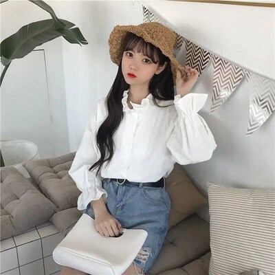Ruffle Preppy White Shirt Oversize Women nd Korean Stand Col