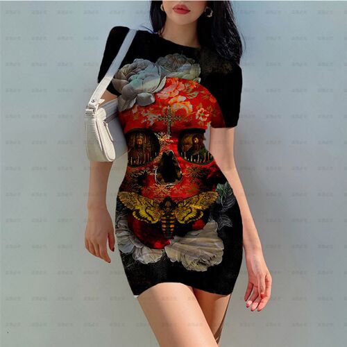 Skull Flower Printing Mini Dress Women Skinny O Neck Short