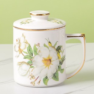 带漏格陶瓷茶杯中式办公室泡茶杯会议杯带滤网带盖装茶水分离杯