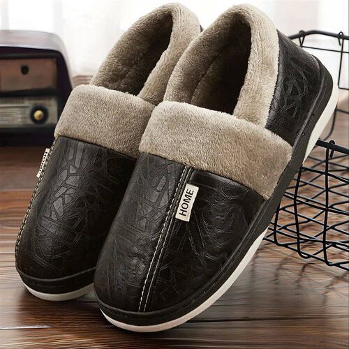 Mens Home Slippers Imitation Leather Memory Foam Furry