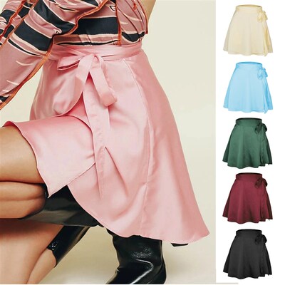 Women Skirts Satin Wrap Skirt Bandage Tie Waist Asymmetry