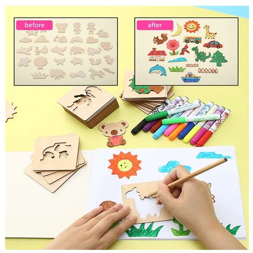20Pcs Kids Wooden Drawing Stencils Kit Drawing Board Toys Co