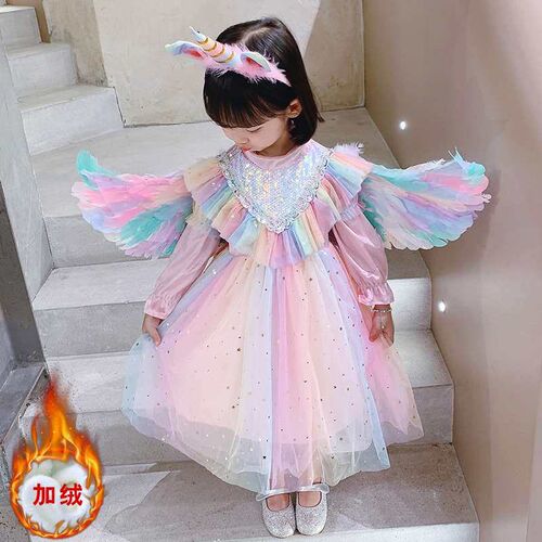 Elsa Princess Dress Girls Autumn Dress Rnbow Long Sleeve Dr