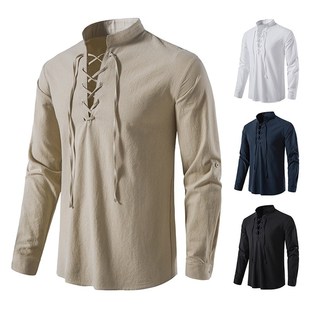 2023 New Mens Casual Blouse Cotton Linen Shirt Tops Long Sl
