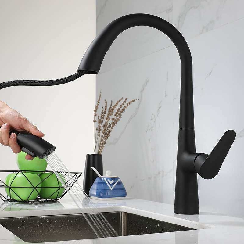All Copper Black Faucet Cold and Hot Pull-out Vegetable Basi