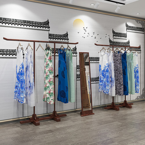 仿古中式实木衣帽架落地汉服和服龙袍展示T型唐装戏服挂衣架简约