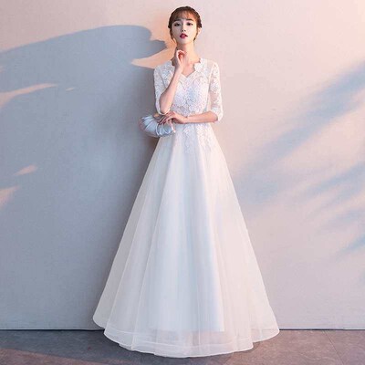 Banquet evening dress women winter new temperament white lon