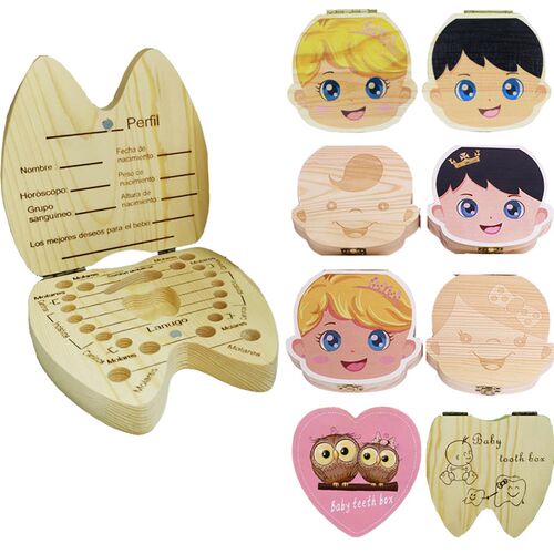 English/Spanish Wooden Baby Tooth Box Organizer Milk Teeth S