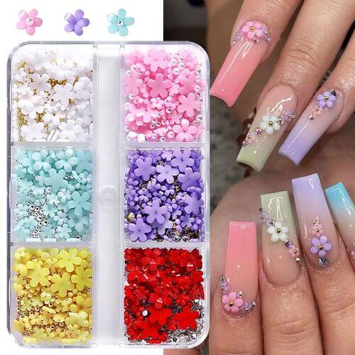 6Grids Acrylic Flower 3D Nail Art Decorations Resin Charms G