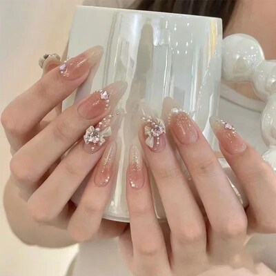 24Pcs Pink Almond French Press on Nails With 3D Bow ripple c