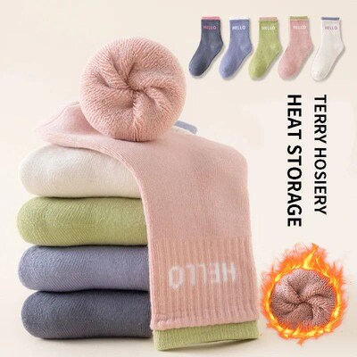 5 Pairs Terry Warm Thickened Childrens Socks Solid Color So