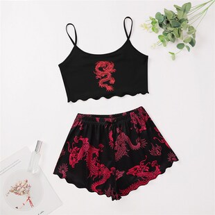 Dragon Print Pajamas for Girls Set Summer Women Sleepwear Lo