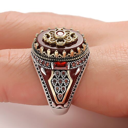 Retro Luxury Natural Red Stone Turkish Handmade Crown Ring I